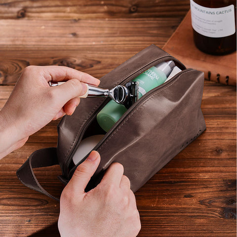 Personalized Leather Travel Toiletry Bag for Men with Engraved Name