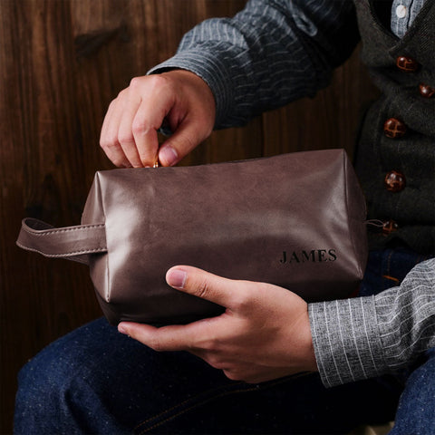 Personalized Leather Travel Toiletry Bag for Men with Engraved Name