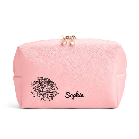 Custom Birth Flower Leather Makeup Bag