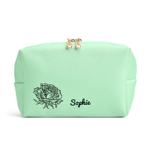 Custom Birth Flower Leather Makeup Bag
