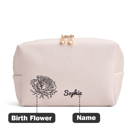 Custom Birth Flower Leather Makeup Bag