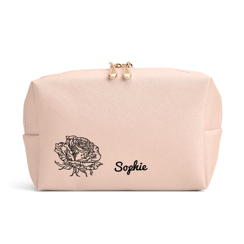 Custom Birth Flower Leather Makeup Bag