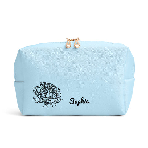 Custom Birth Flower Leather Makeup Bag