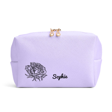 Custom Birth Flower Leather Makeup Bag