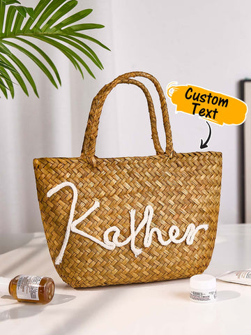 Boho Beach Tote with Personalized Name Stylish Handwoven Summer Bag
