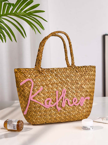 Boho Beach Tote with Personalized Name Stylish Handwoven Summer Bag