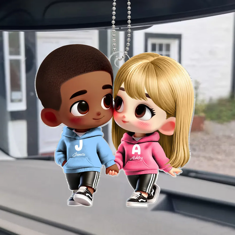 3D Effect Cute Cartoon Couple Holding Hands Custom Acrylic Car Hanger