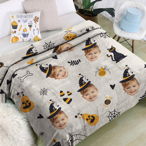Custom Halloween Blanket with Face Photo Fun Witch Hat Design