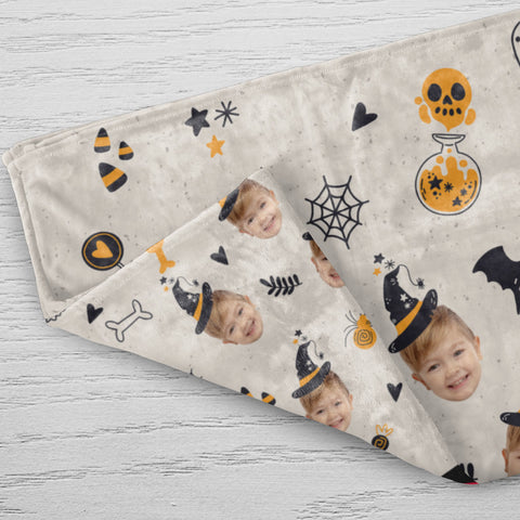 Custom Halloween Blanket with Face Photo Fun Witch Hat Design