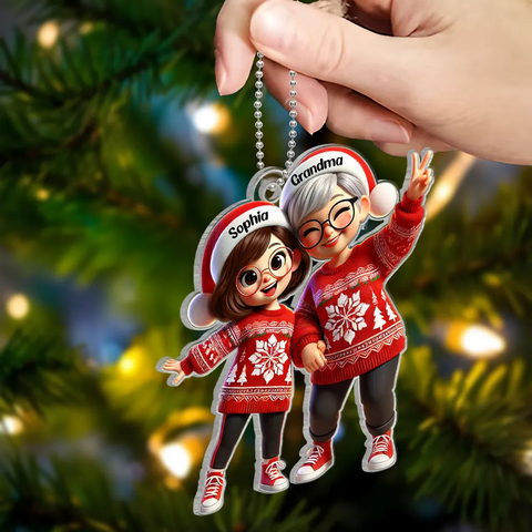 3D Effect Happy Grandma with Grandkids Custom Christmas Acrylic Ornament