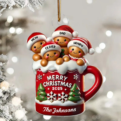 Gingerbread Family In Hot Cocoa Christmas Decor Custom Acrylic Ornament