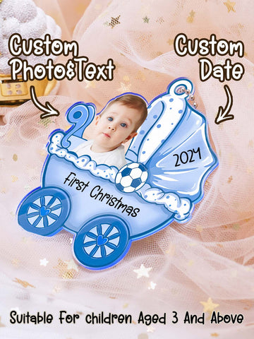 Personalized Baby's First Christmas Carriage Ornament with Custom Photo and Text