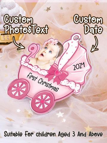 Personalized Baby's First Christmas Carriage Ornament with Custom Photo and Text