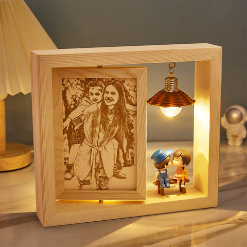Custom Double-Sided Rotating Woodcut Photo Frame with Light