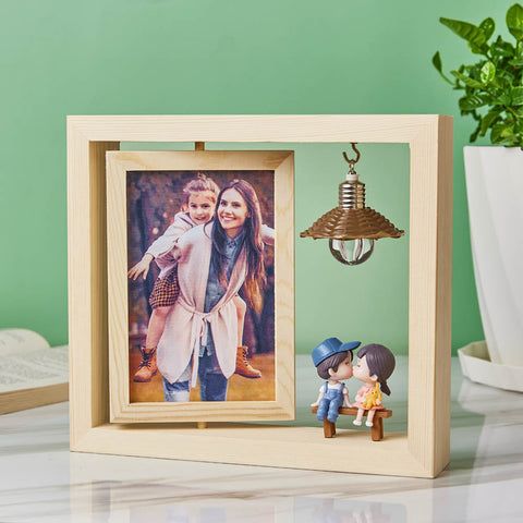 Custom Double-Sided Rotating Woodcut Photo Frame with Light