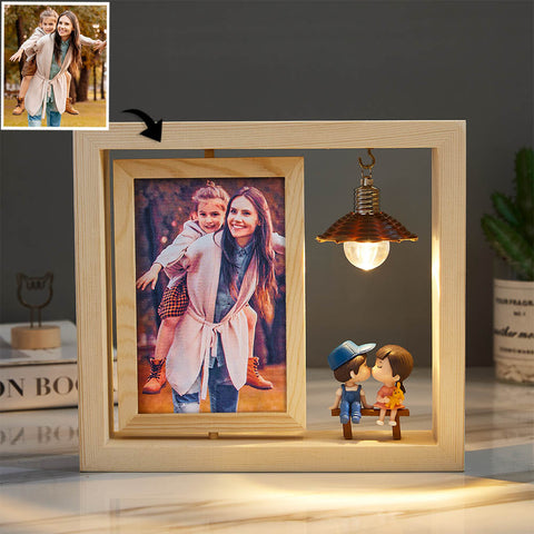 Custom Double-Sided Rotating Woodcut Photo Frame with Light