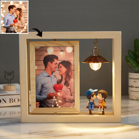 Custom Double-Sided Rotating Woodcut Photo Frame with Light
