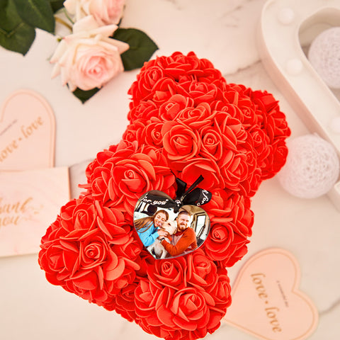 Custom Rose Teddy Bear Gift for Couples with Love Photo and Eternal Roses