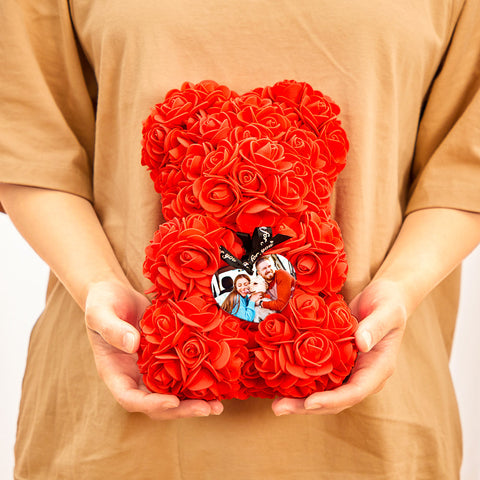 Custom Rose Teddy Bear Gift for Couples with Love Photo and Eternal Roses