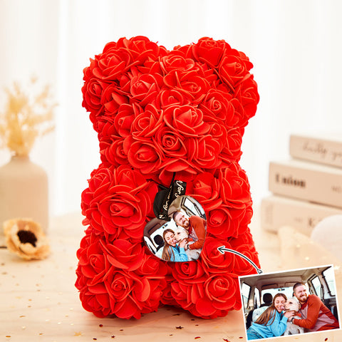 Custom Rose Teddy Bear Gift for Couples with Love Photo and Eternal Roses