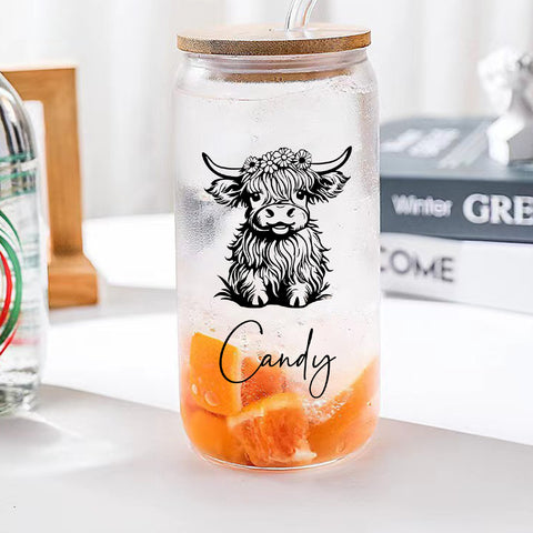 Personalized Cute Highland Cow Glass Tumbler with Name