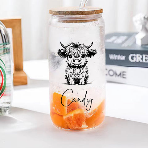 Personalized Cute Highland Cow Glass Tumbler with Name
