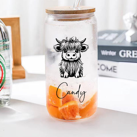 Personalized Cute Highland Cow Glass Tumbler with Name