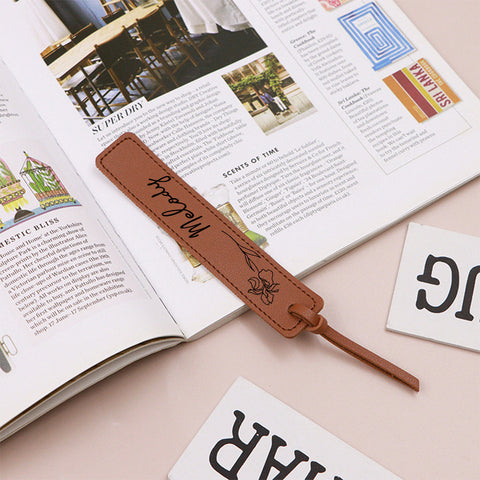 Custom Leather Bookmark with Birth Month Flower and Name
