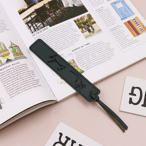 Custom Leather Bookmark with Birth Month Flower and Name