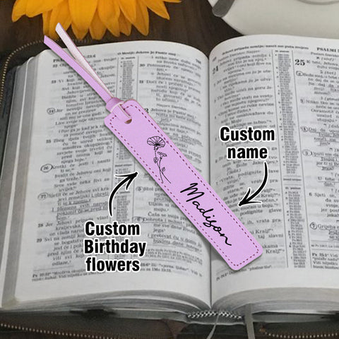 Custom Leather Bookmark with Birth Month Flower and Name