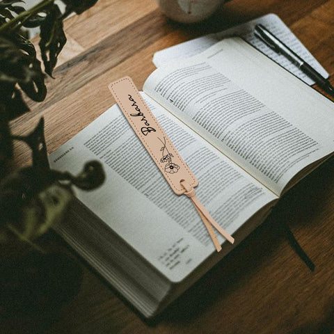 Custom Leather Bookmark with Birth Month Flower and Name