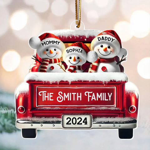 3D Effect Custom Snowman Family Red Car Acrylic Christmas Ornament 