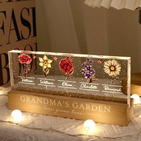 “Love Grows Here" Grandma's Garden Of Grandkids Birth Month Flowers Custom Acrylic LED Night Light