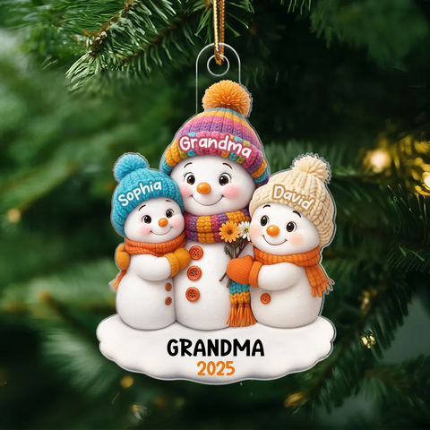 Snowman Grandma and Grandkids Custom Christmas Acrylic Ornament