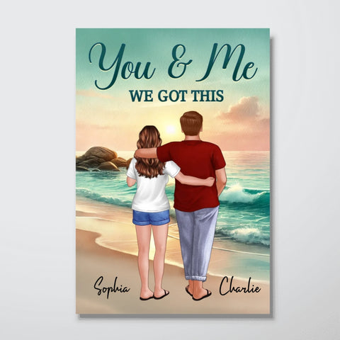 Custom Couple Back View Embracing and Walking On The Beach Canvas/Framed Poster/Poster