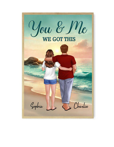 Custom Couple Back View Embracing and Walking On The Beach Canvas/Framed Poster/Poster