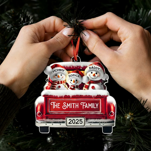 3D Effect Custom Snowman Family Red Car Acrylic Christmas Ornament 