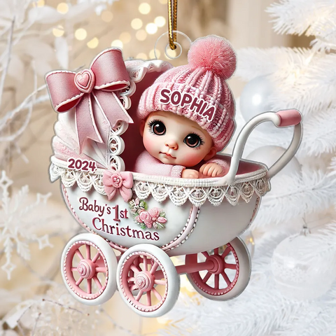 3D Effect Newborn Baby In Carriage Custom Christmas 2025 Acrylic Ornament