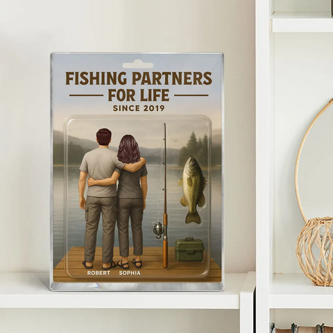 "Fishing Partners For Life" 3D Effect Custom Couple Figurine Acrylic Block 