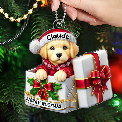 Cute Labrador Dog Inside Gift Box Custom 2D Flat Acrylic Christmas Ornament 2025