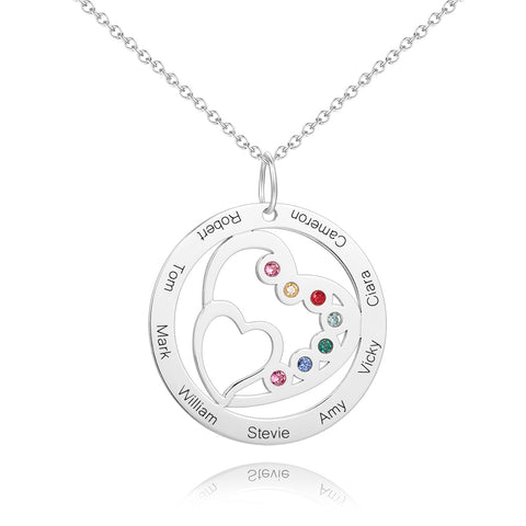Custom Birthstone Circle Necklace with Engraved Names & Heart Design
