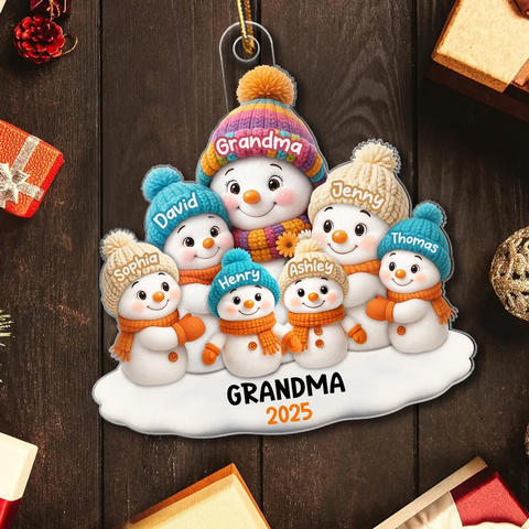 Snowman Grandma and Grandkids Custom Christmas Acrylic Ornament