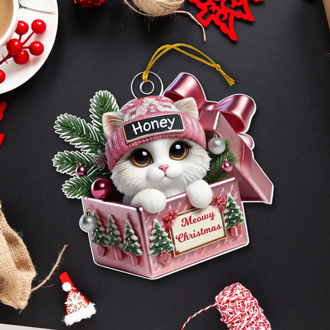 Cute Cat Inside Gift Box Custom 2D Flat Acrylic Christmas Ornament