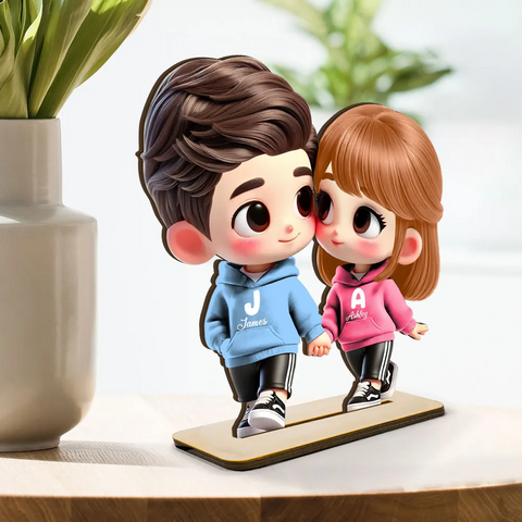 3D Effect Cute Cartoon Couple Holding Hands Custom Standing Wooden Plaque