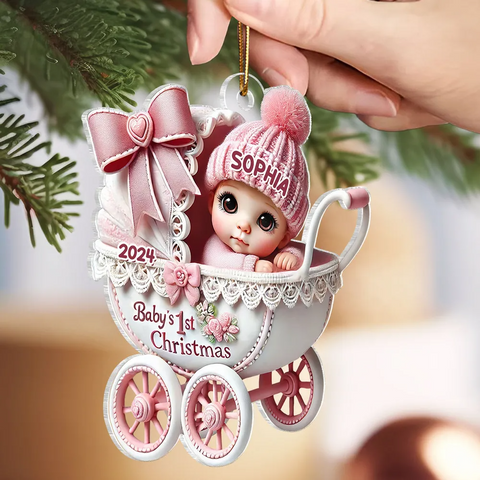3D Effect Newborn Baby In Carriage Custom Christmas 2025 Acrylic Ornament