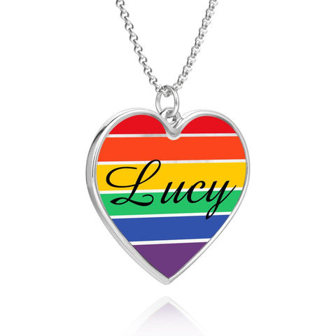 Custom Name Rainbow Heart Necklace with LGBTQ Pride Silver Pendant