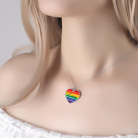 Custom Name Rainbow Heart Necklace with LGBTQ Pride Silver Pendant