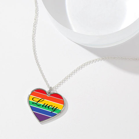 Custom Name Rainbow Heart Necklace with LGBTQ Pride Silver Pendant