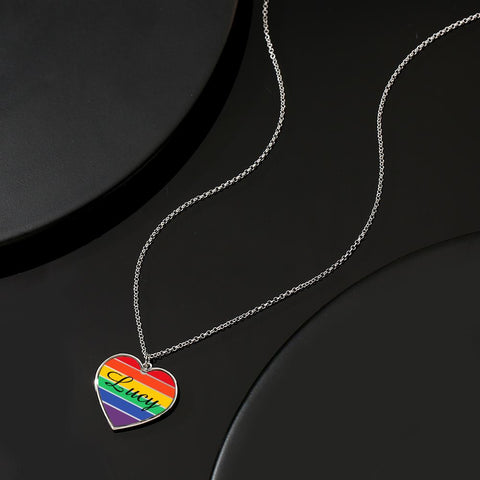 Custom Name Rainbow Heart Necklace with LGBTQ Pride Silver Pendant