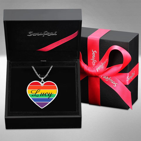 Custom Name Rainbow Heart Necklace with LGBTQ Pride Silver Pendant